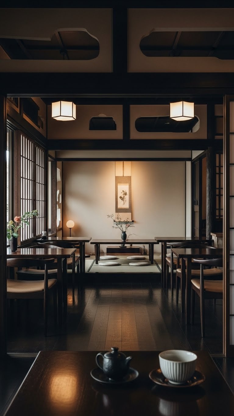 Serene interior of Koku Cafe with dim lighting, Japanese accents, and minimalist dark wood furniture