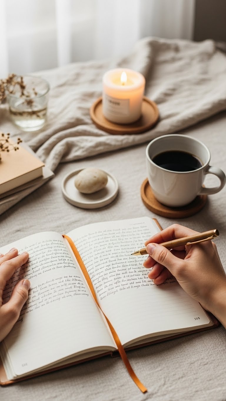 Serene journaling moment showing hands writing in open notebook with black coffee mug on linen tablecloth