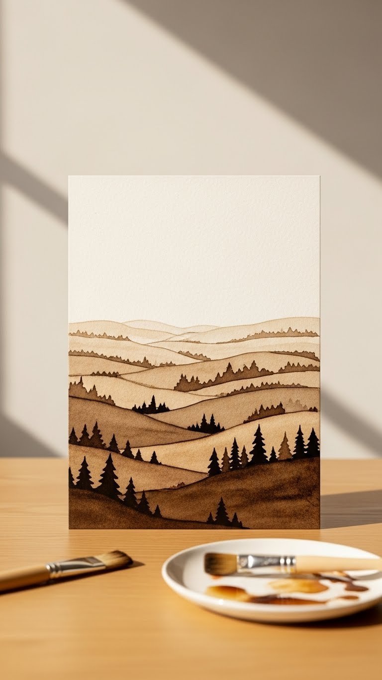 Serene monochrome coffee landscape painting with rolling hills and forest line created with coffee washes