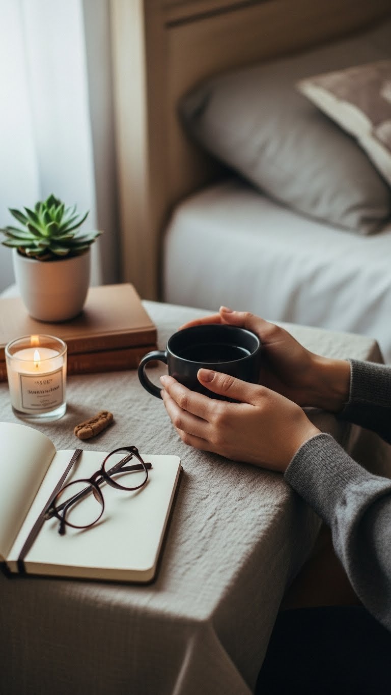Serene morning ritual scene showing hands holding minimalist black coffee mug with journal and candle on rustic wooden surface