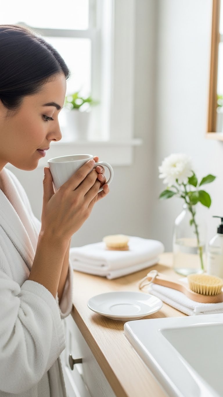 Serene person's hand caressing radiant skin while sipping ghee coffee in softly lit minimalist bathroom