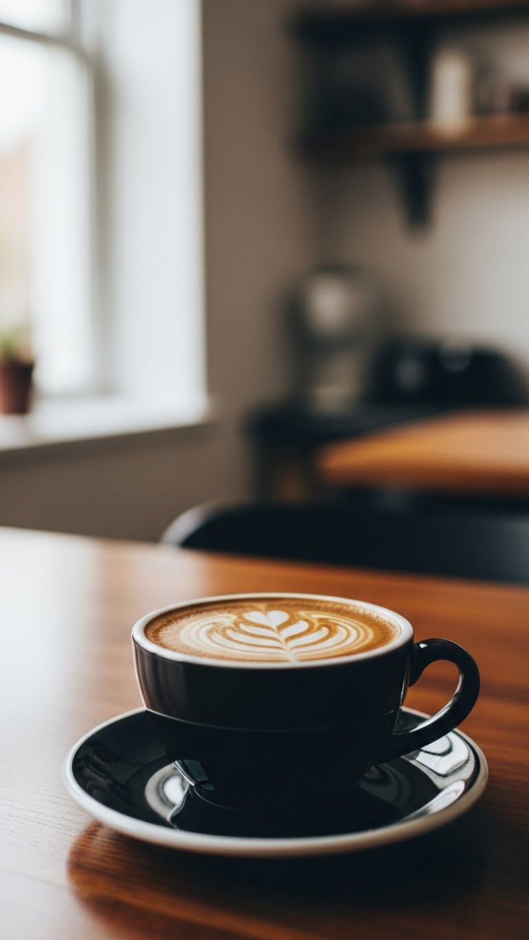 Sharp focus black coffee cup with soft bokeh background on dark wooden table using wide aperture