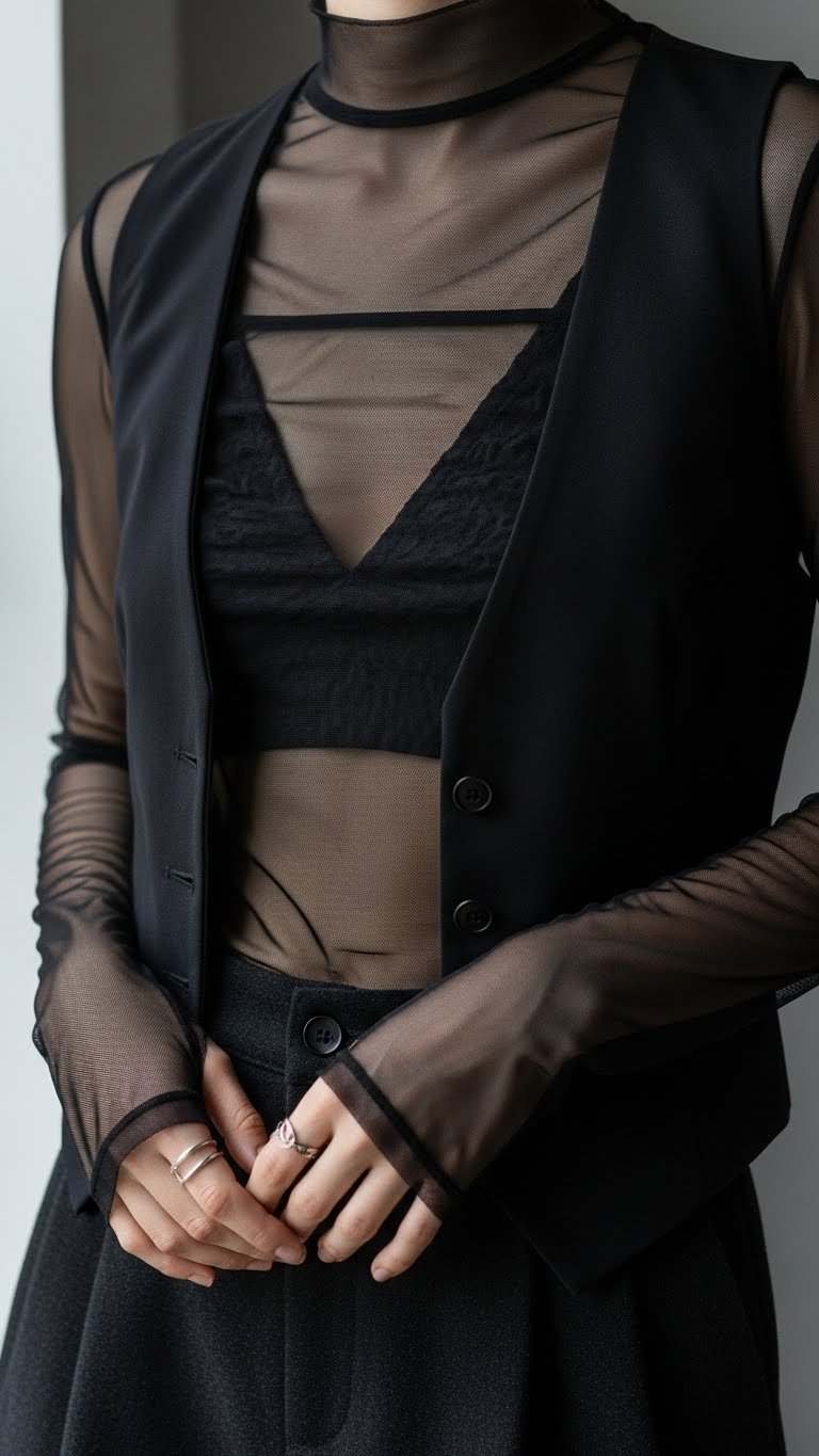 Sheer mesh layering outfit showcasing multiple transparent black layers with intricate textures against neutral studio background