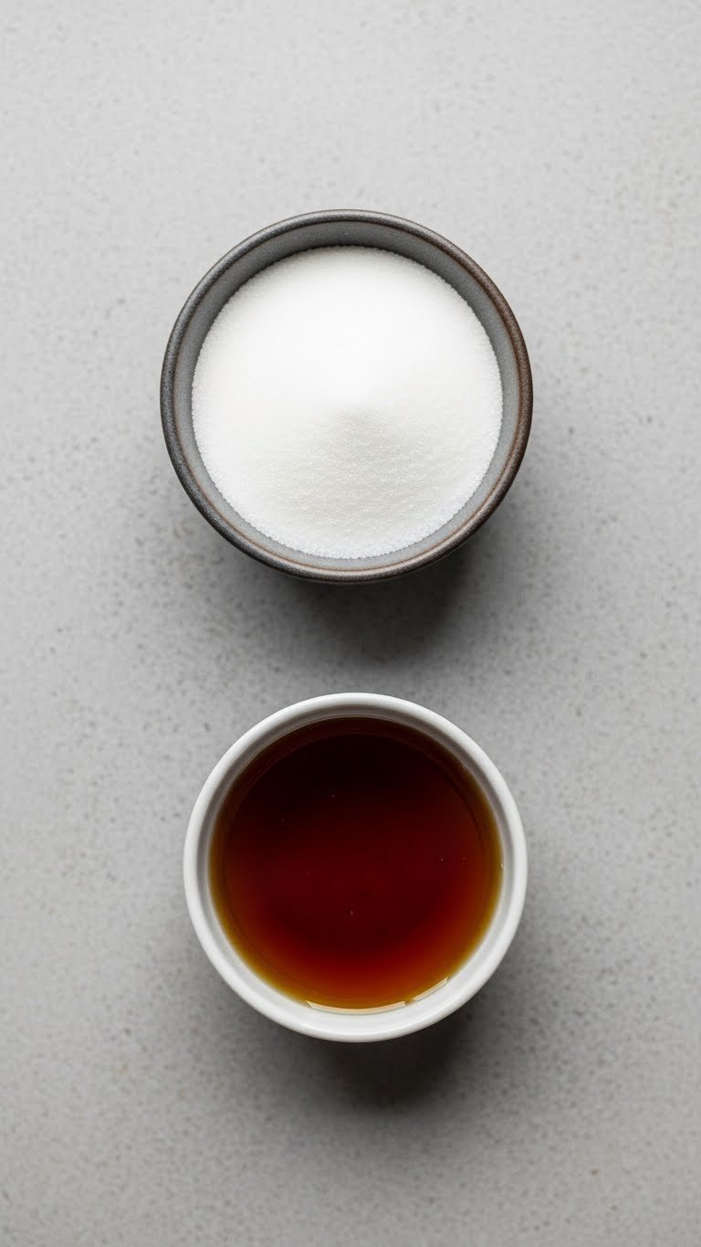 Whipped Coffee Maple Syrup Complete Creamy Recipe Guide 13 Side-by-side comparison bowls of white granulated sugar and amber maple syrup on neutral stone surface