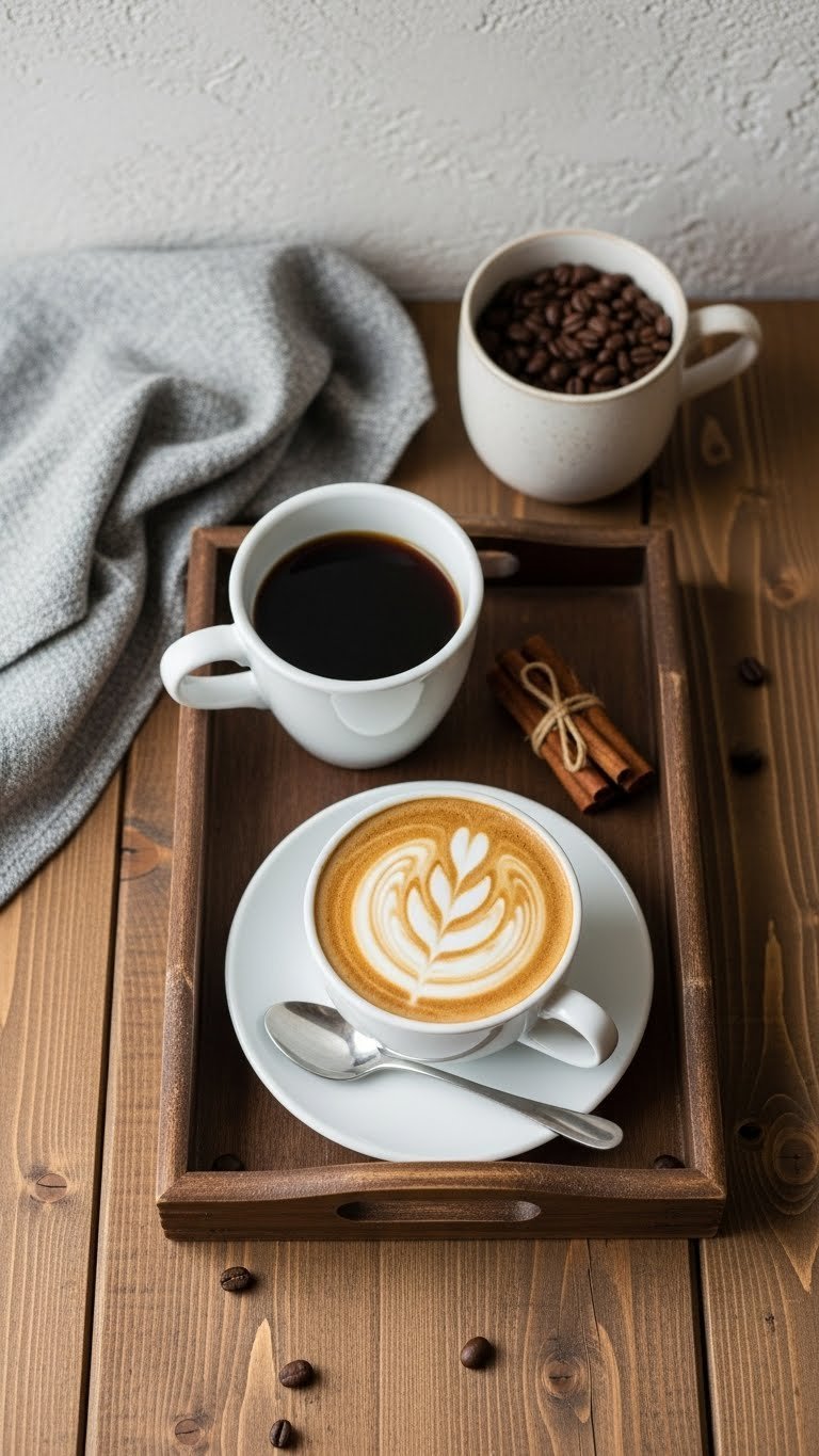 Side-by-side comparison of black coffee and creamy coffee in white ceramic mugs on rustic wooden tray