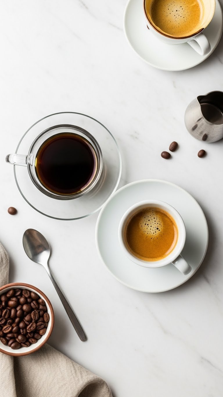 Side-by-side comparison of black coffee and espresso shot highlighting their visual differences in texture and color