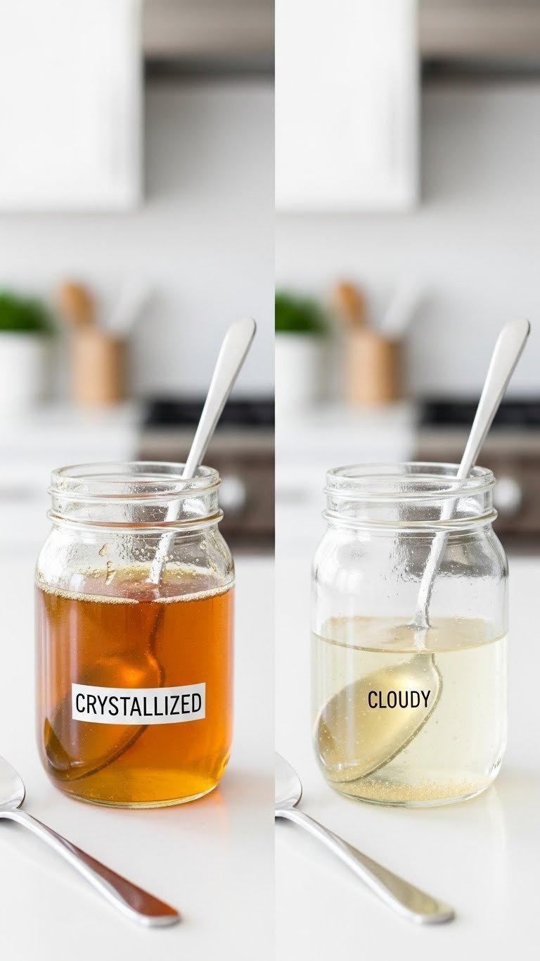 Side-by-side comparison of clear golden syrup versus crystallized cloudy syrup in identical glass jars.