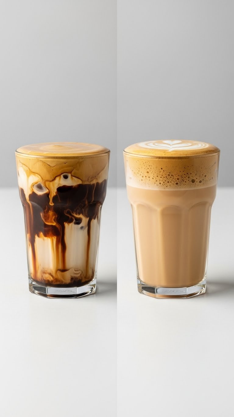 Whipped Coffee With Oat Milk Easy Vegan Recipe That Always Works 11 Side-by-side comparison of failed runny whipped coffee versus perfect fluffy foam on oat milk.