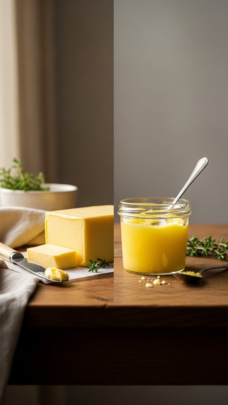 Side-by-side comparison of golden grass-fed butter and clarified ghee on rustic wooden table