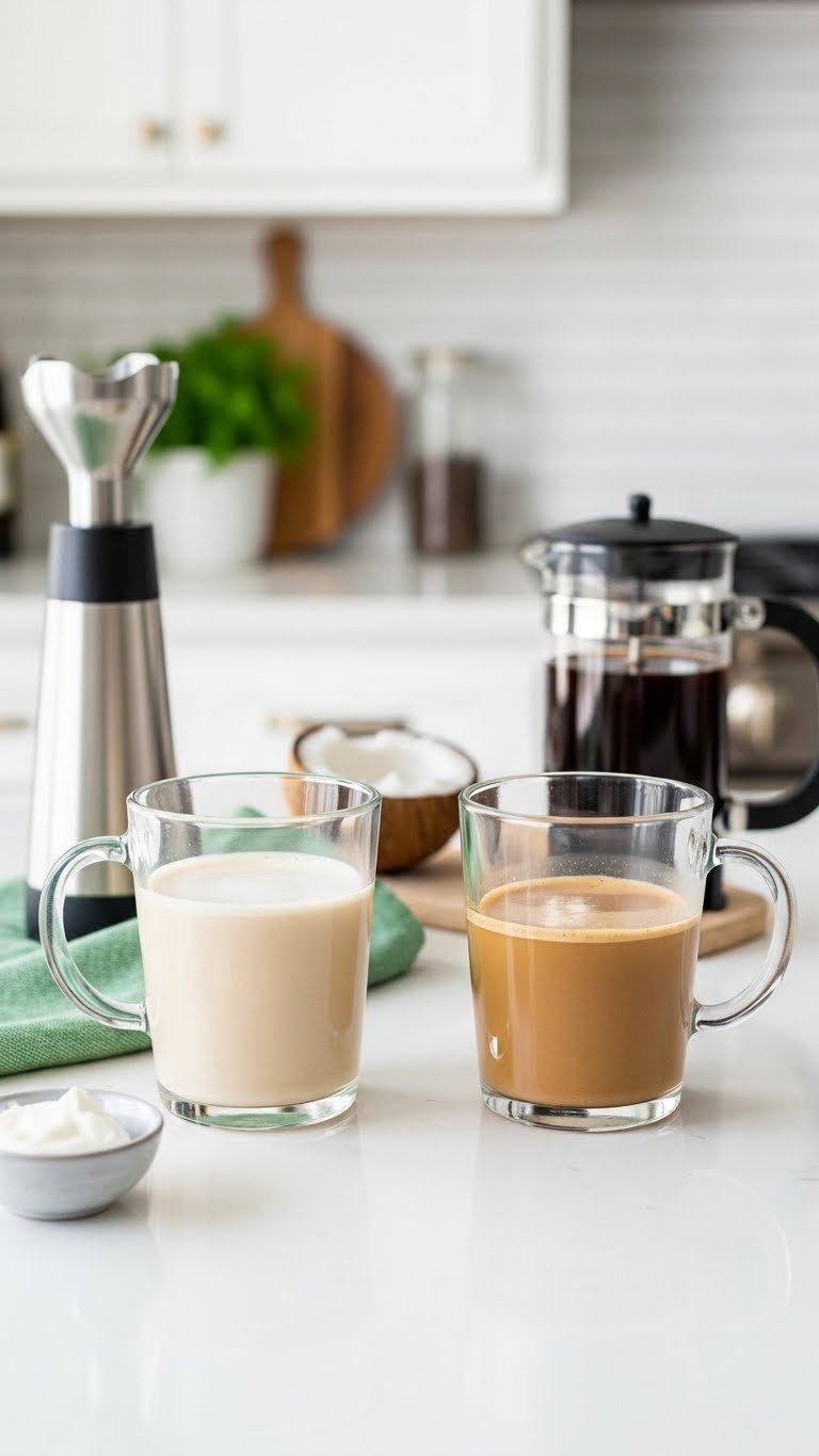 Side-by-side comparison of keto coffee creamer showing emulsified success versus oil separation troubleshooting