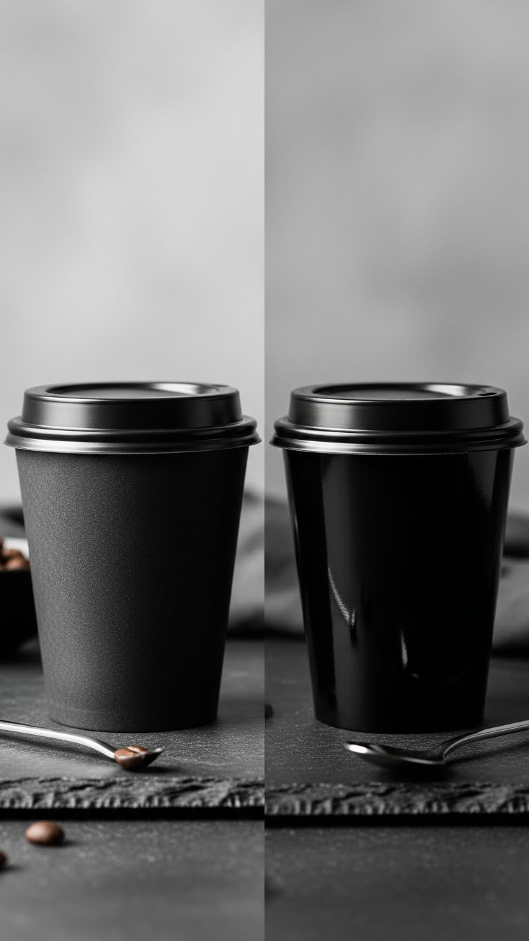 Side-by-side comparison of matte and glossy black coffee cups on dark stone surface with coffee beans