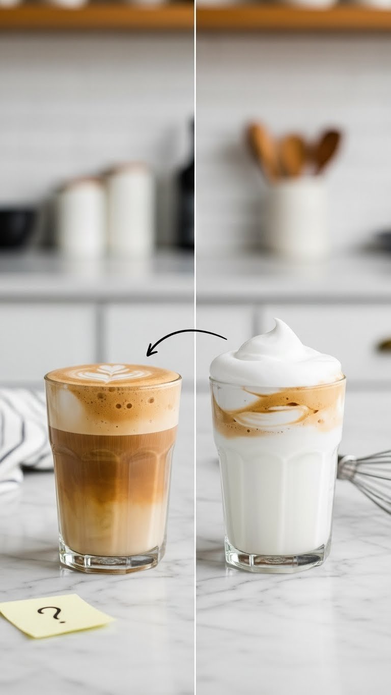 Side-by-side comparison of perfect fluffy Dalgona coffee versus flat collapsed foam in clear glasses