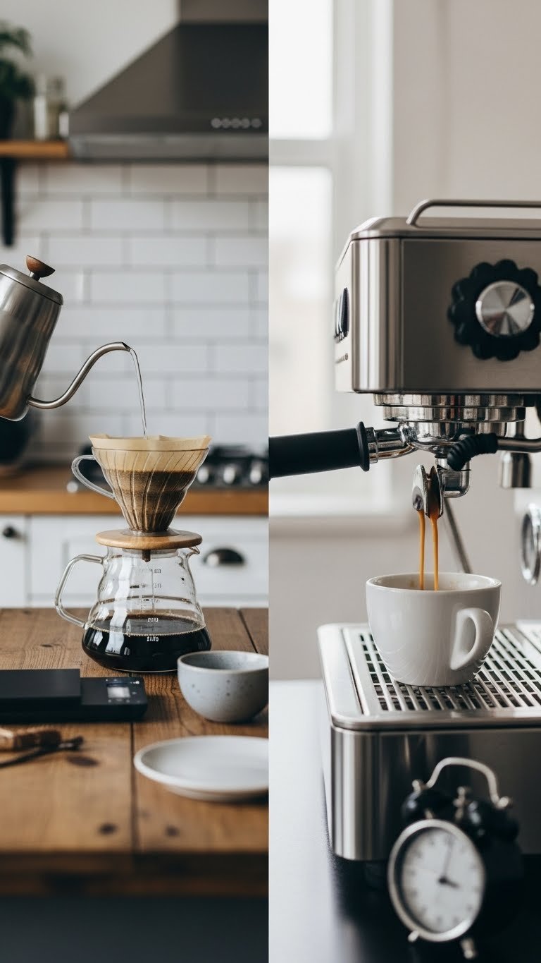 Side-by-side comparison of pour-over coffee brewing and espresso machine extraction on rustic wooden kitchen table.