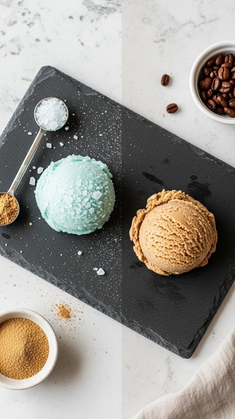 Side-by-side comparison of smooth versus icy keto coffee ice cream textures on slate board with keto ingredients