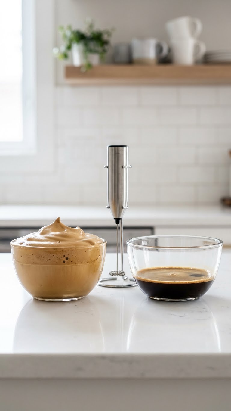 Whipped Coffee With Espresso Easy Creamy Recipe Guide 9 Side-by-side comparison of thick whipped espresso foam versus dark unwhipped espresso liquid in glass bowls