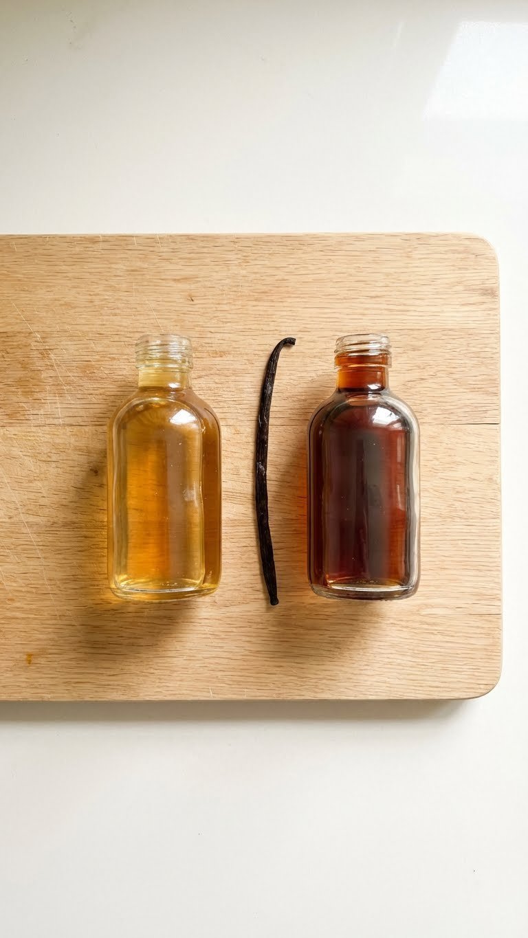 Side-by-side comparison of vanilla syrup and vanilla extract bottles with vanilla bean pod on wooden cutting board