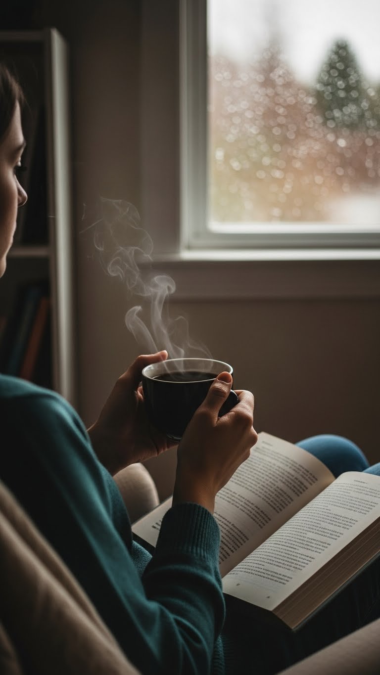 Silhouette person holding steaming black coffee cup by window with book on lap during golden hour
