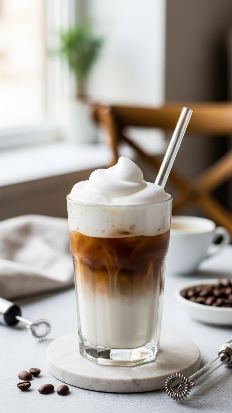 Silky cold foam iced latte with thick white foam layer topping espresso drink on light textured surface.