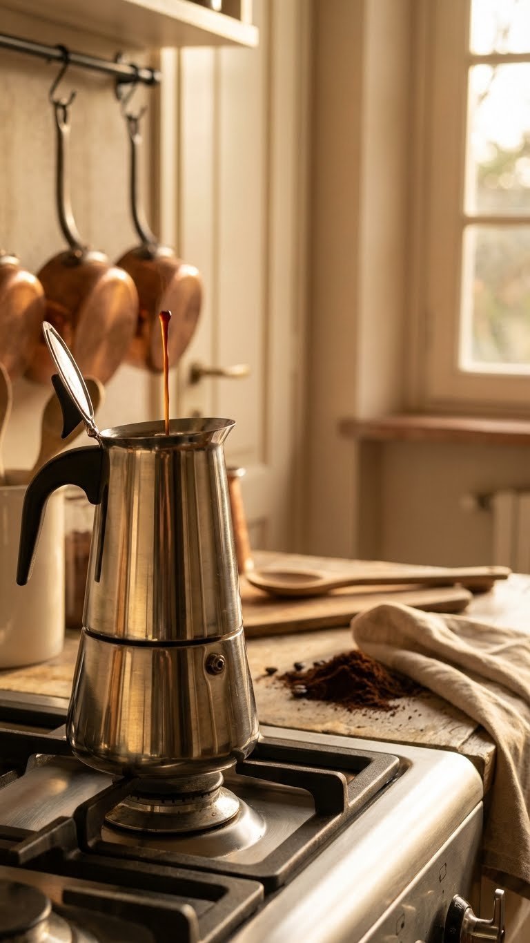 How to Make Whipped Coffee Without Instant: Proven Guide 7 Silver Moka pot brewing rich coffee on stovetop with steam rising against softly blurred kitchen background