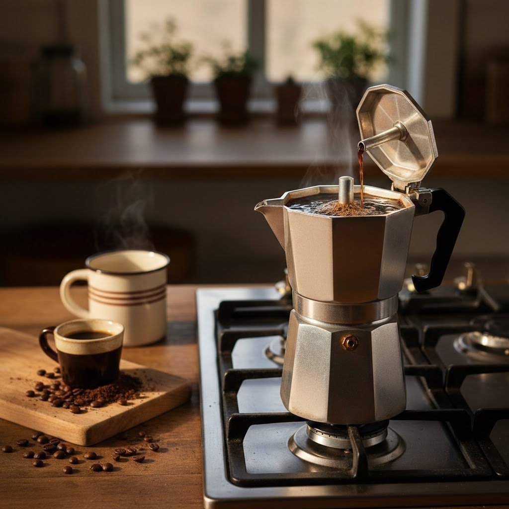 Silver Moka pot steaming on stovetop burner with black coffee bubbling into upper chamber