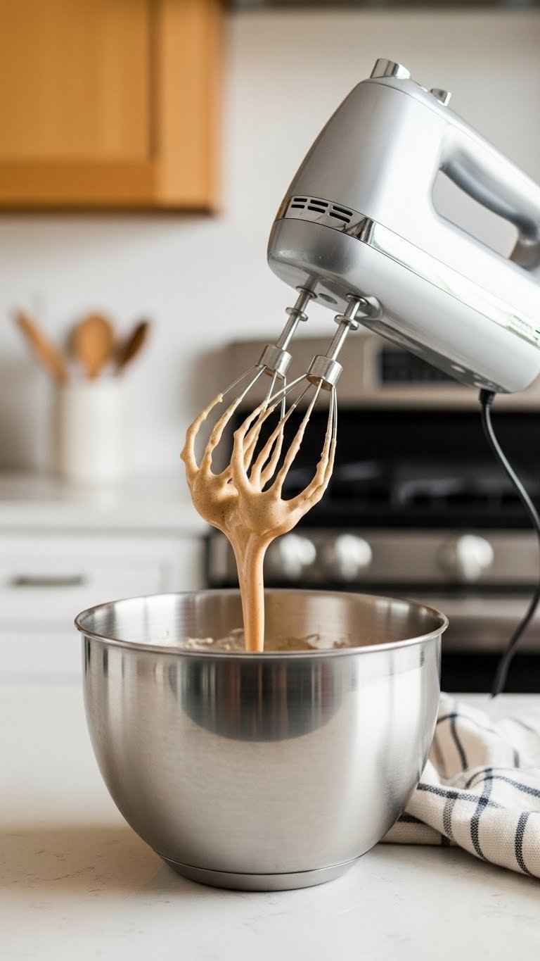 Silver electric hand mixer whisking light brown frothy dalgona mixture in stainless steel bowl