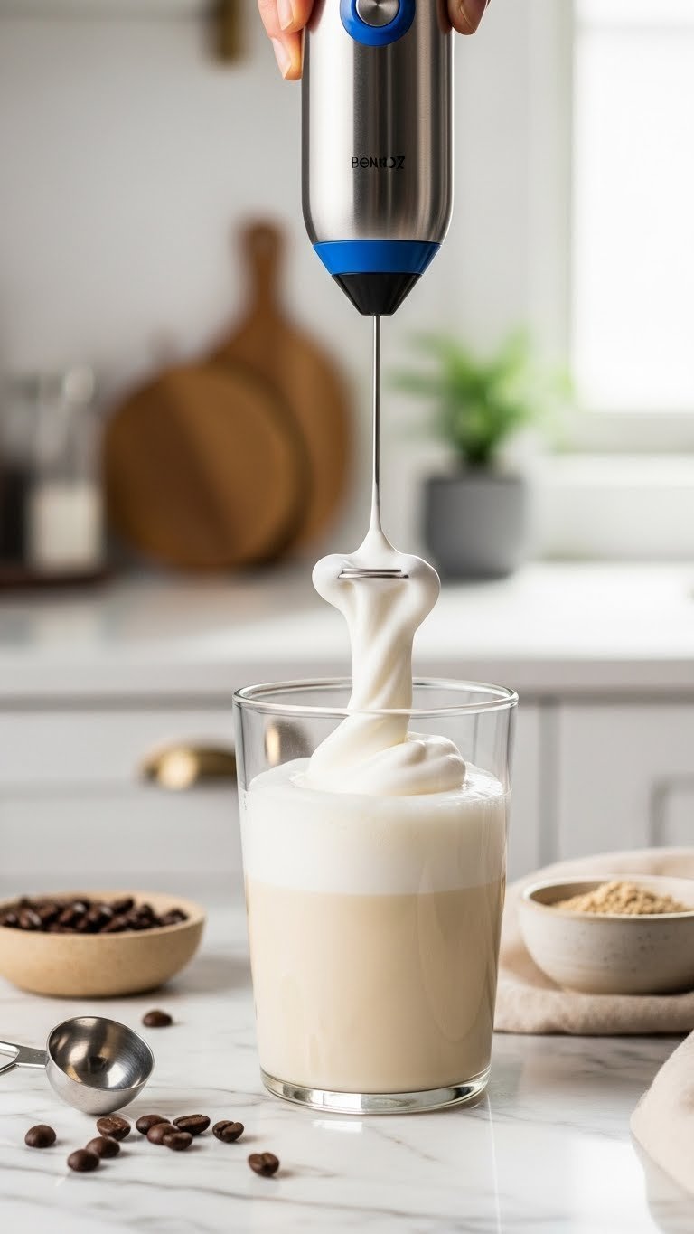 Silver handheld milk frother creating creamy foam vortex in oat milk glass on marble countertop with coffee beans