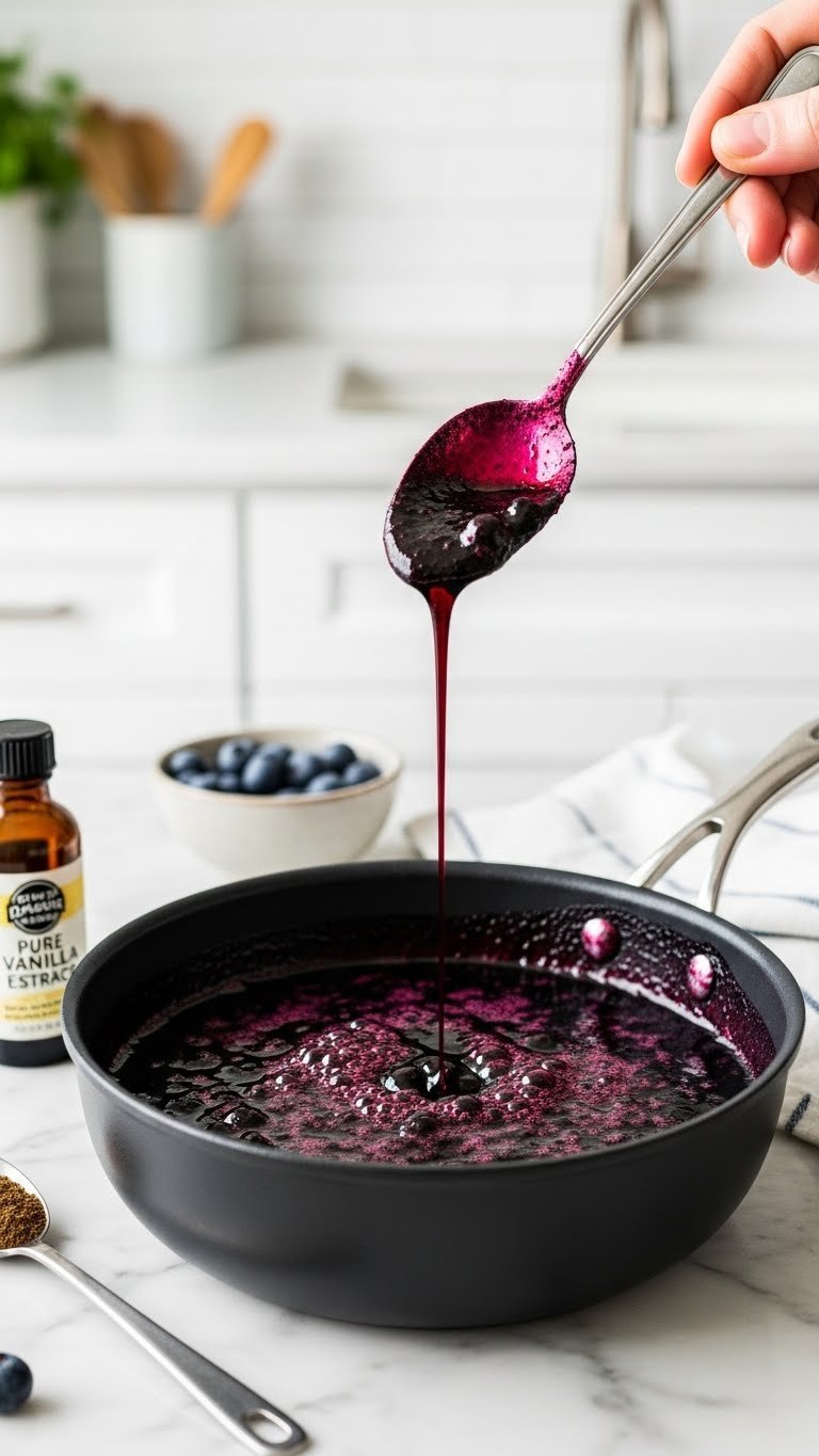Simmering blueberry syrup reduced to thicker consistency with vanilla extract bottle and measuring spoon nearby on marble countertop