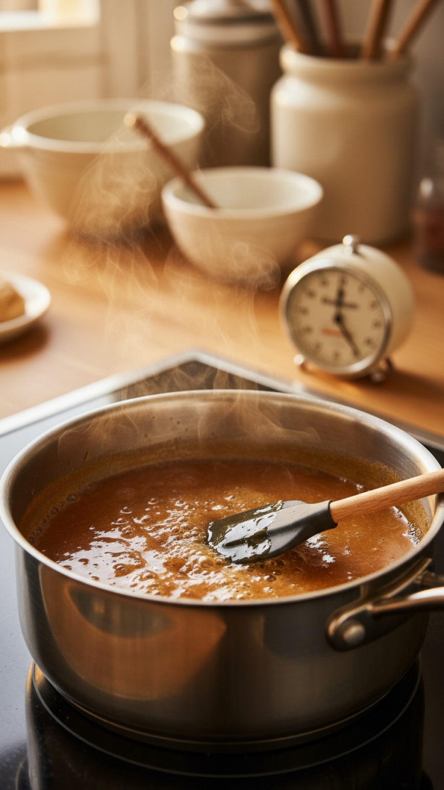 Simmering butterscotch syrup mixture bubbling gently in stainless steel saucepan with glossy amber-brown surface