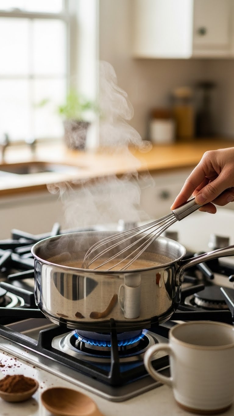Simmering keto peppermint mocha creamer base in stainless steel saucepan with steam rising and whisk resting in warm liquid.