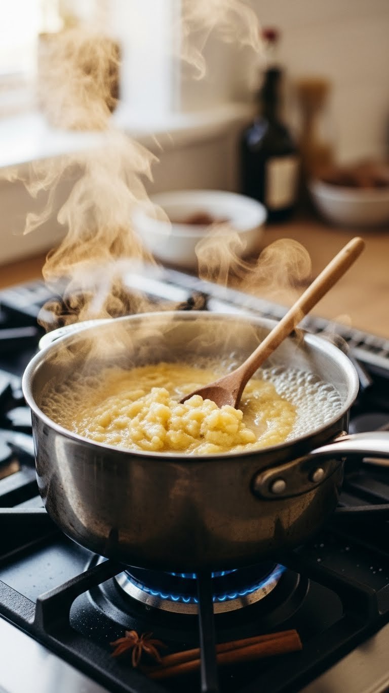 Simmering mashed bananas in stainless steel saucepan with wooden spoon on stovetop with steam rising