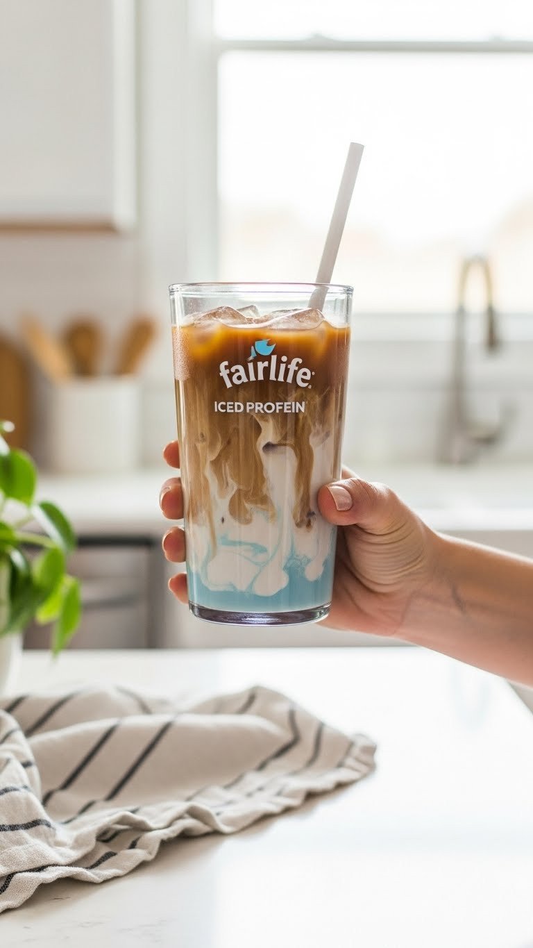 Simple 2-ingredient iced proffee in a clear tumbler held in a sunny kitchen