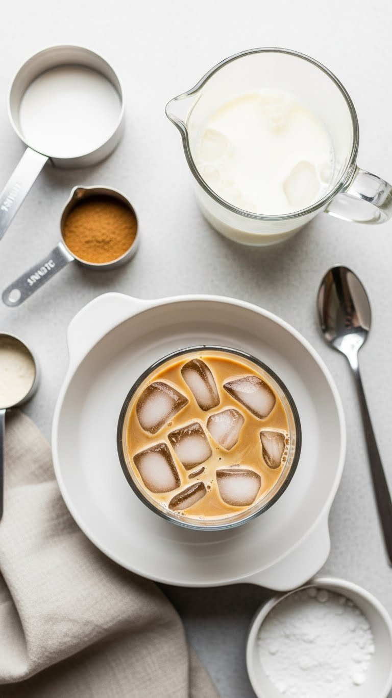 Protein Coffee Blended: Essential Guide for Smooth Energy 9 Simple 4-ingredient protein coffee with ice, coffee & milk layers, measuring cups on white ceramic dish.