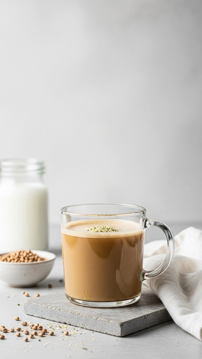 Simple hemp protein morning brew in a clear glass mug with foam, hemp hearts, and linen napkin on a stone surface.