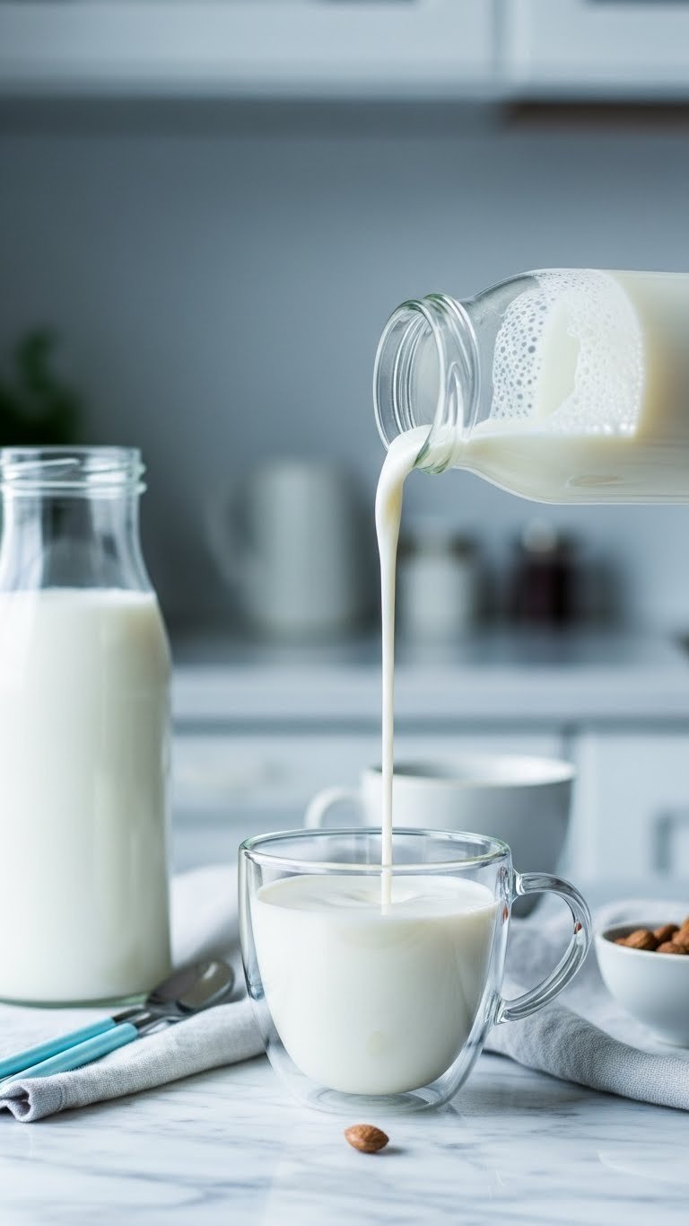 Simple unsweetened keto coffee creamer in minimalist glass bottle swirling into clear coffee mug on marble countertop