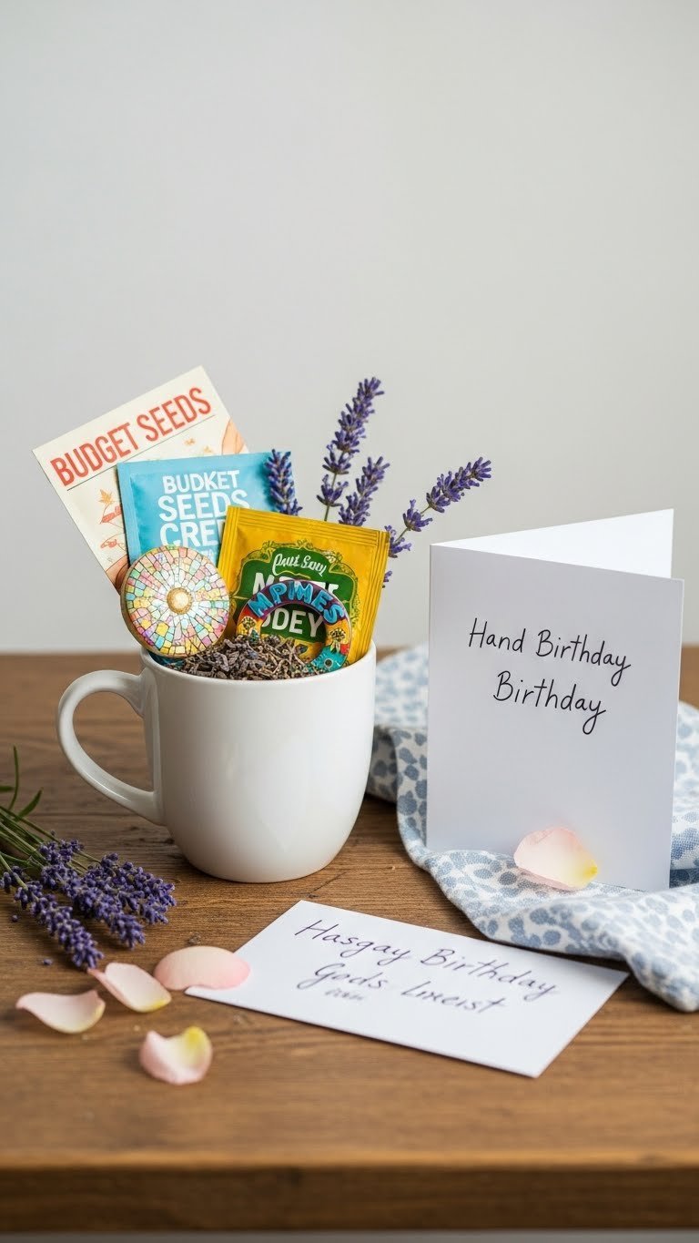 Simple white ceramic mug thoughtfully arranged with budget-friendly items like seeds, tea bags, and birthday card on neutral backdrop