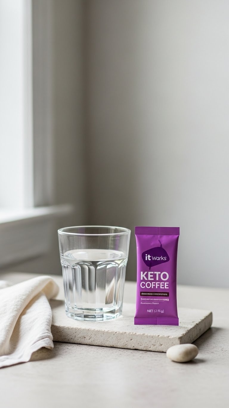 Single keto coffee sachet next to glass of water on clean stone surface