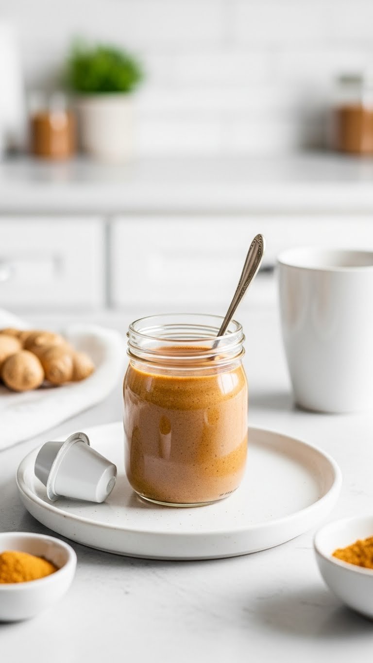 Single-serve keto gingerbread coffee creamer in mini mason jar with spoon on rim and coffee accessories