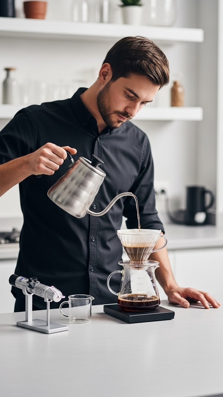 Skilled barista executing advanced spiral pouring pattern with gooseneck kettle into V60 dripper demonstrating precision brewing