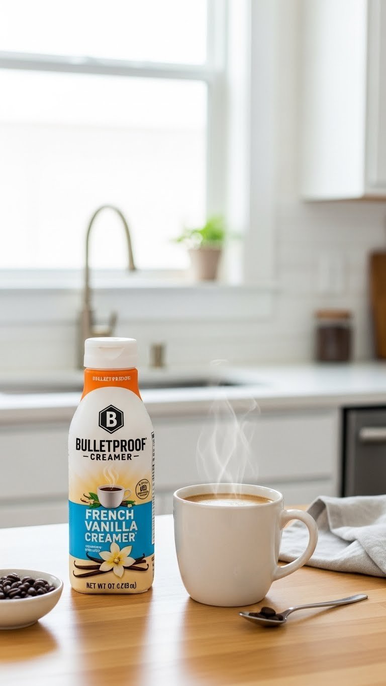 Sleek Bulletproof French Vanilla Creamer bottle next to steaming coffee mug on minimalist kitchen countertop