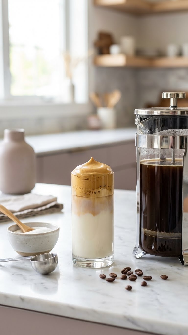 How to Make Whipped Coffee Without Instant: Proven Guide 5 Sleek French press brewing dark coffee alongside tall glass of layered whipped coffee drink on marble counter