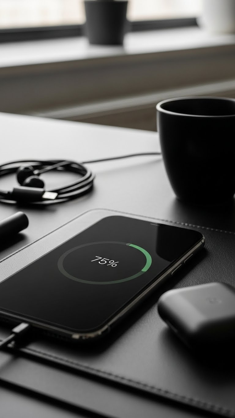Black Coffee Aesthetic: 11 Essential Widgets for iPhone & Android 5 Sleek battery percentage widget on smartphone screen with leather desk pad, charging cable, and modern workspace setting in efficient tech photography