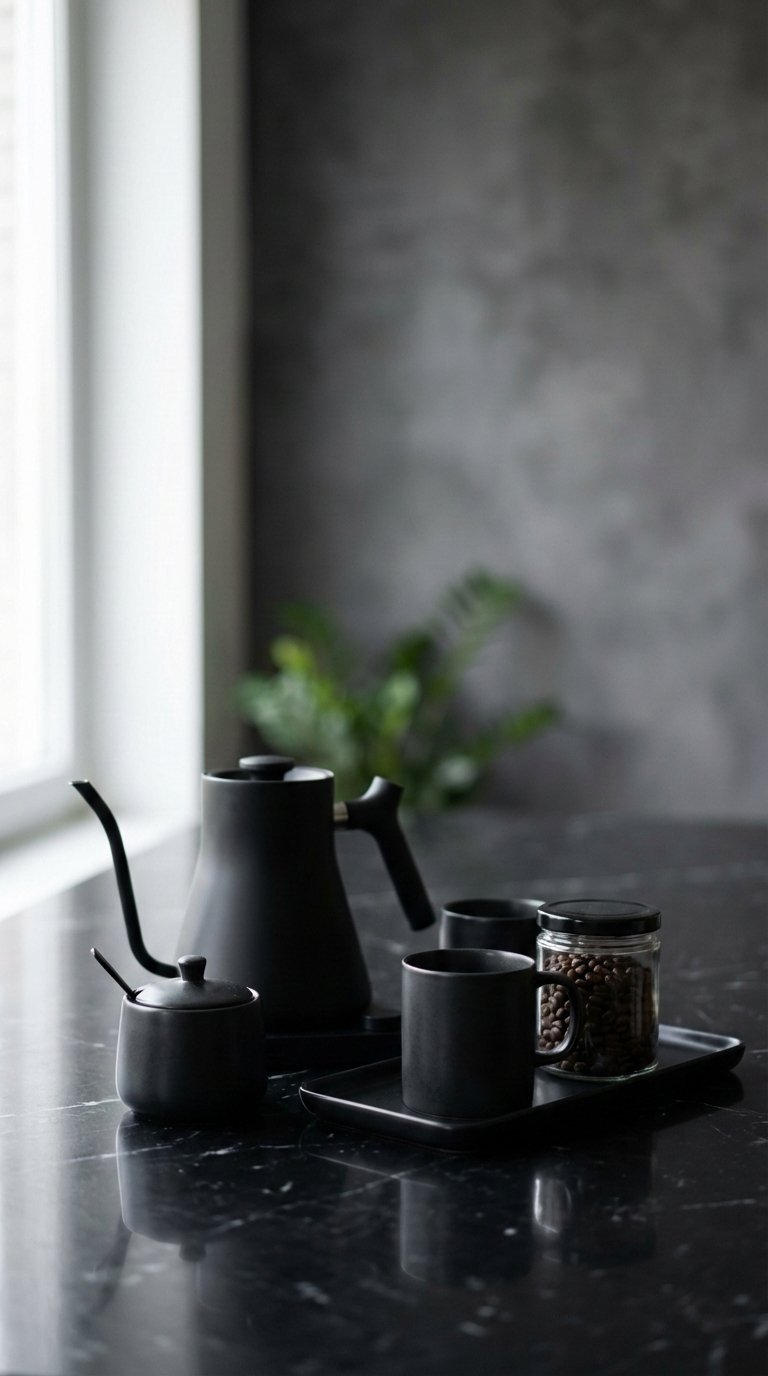 Sleek black coffee bar accessories including matte black mugs and pour-over kettle arranged on black marble countertop