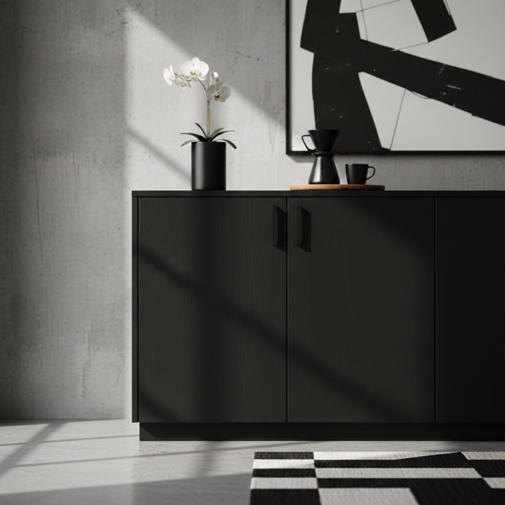 Sleek black coffee bar cabinet with dark wood grain and minimal hardware against minimalist room interior backdrop