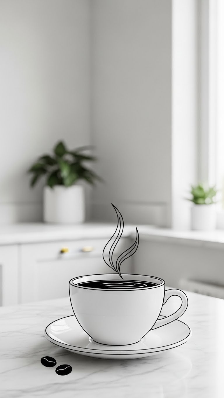 Sleek black coffee cup illustration with minimalist line art style against neutral backdrop