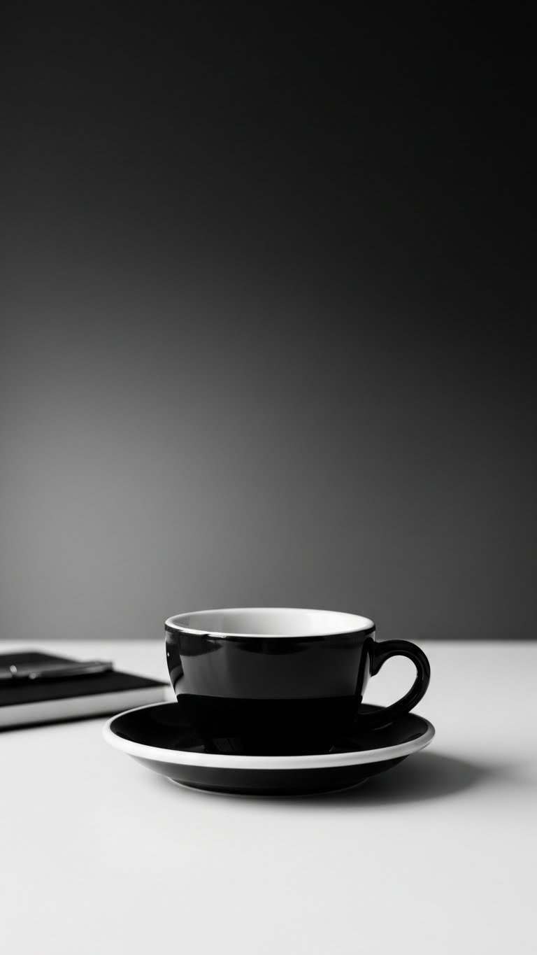 Master Black Coffee Aesthetic: 7 Minimal Design Secrets 1 Sleek black coffee cup on white minimalist surface with charcoal gradient background in professional lifestyle photography