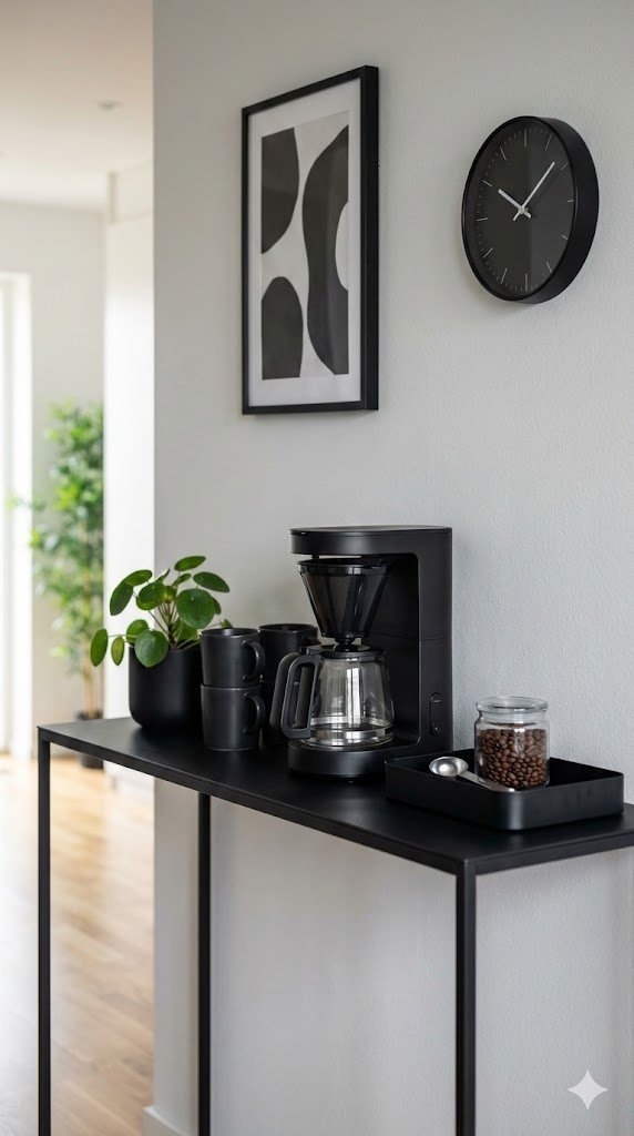 Sleek black console table coffee zone with minimalist drip coffee maker, ceramic mugs, and catch-all tray