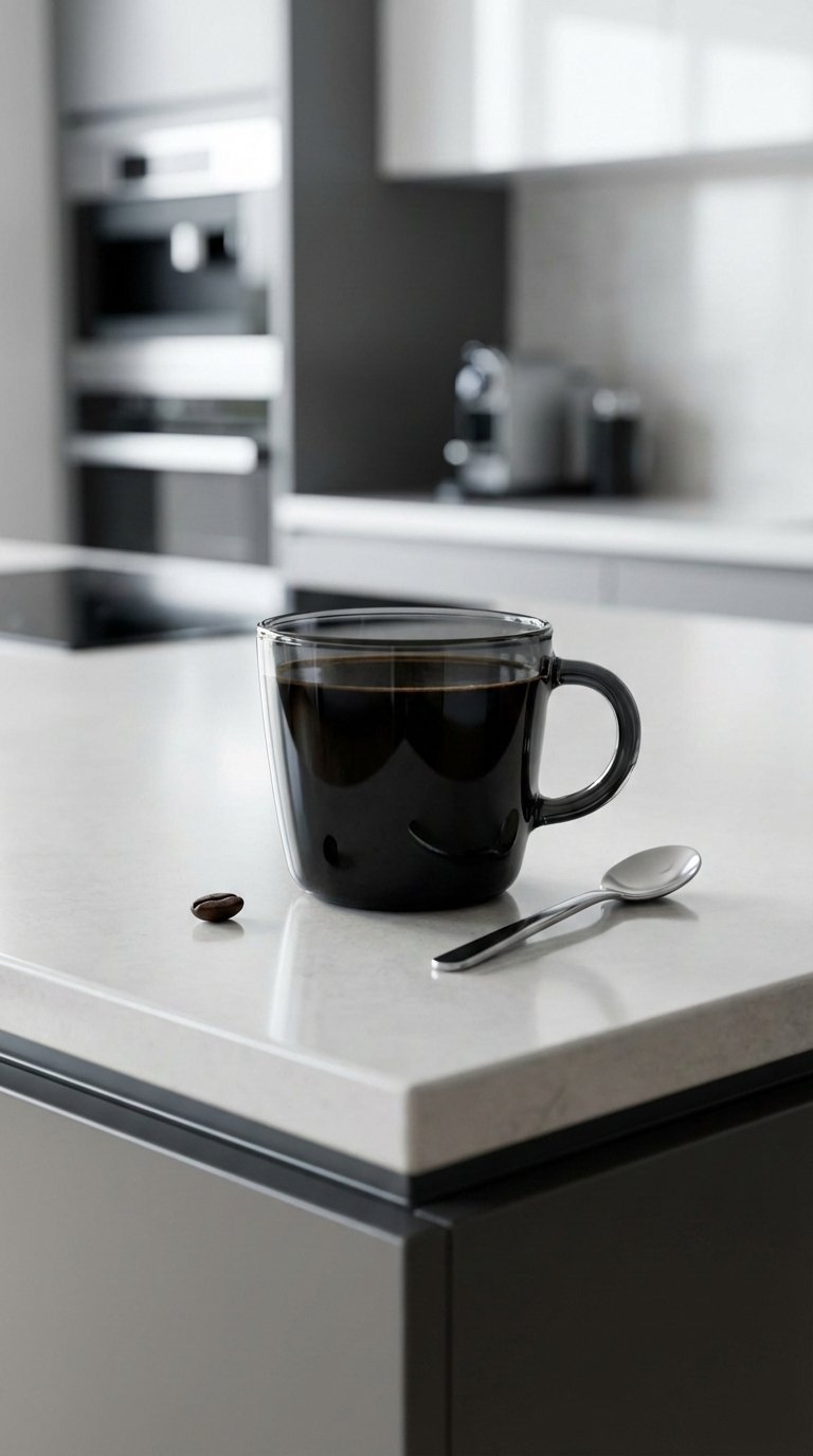 Sleek black glass coffee cup filled with black coffee on polished kitchen island