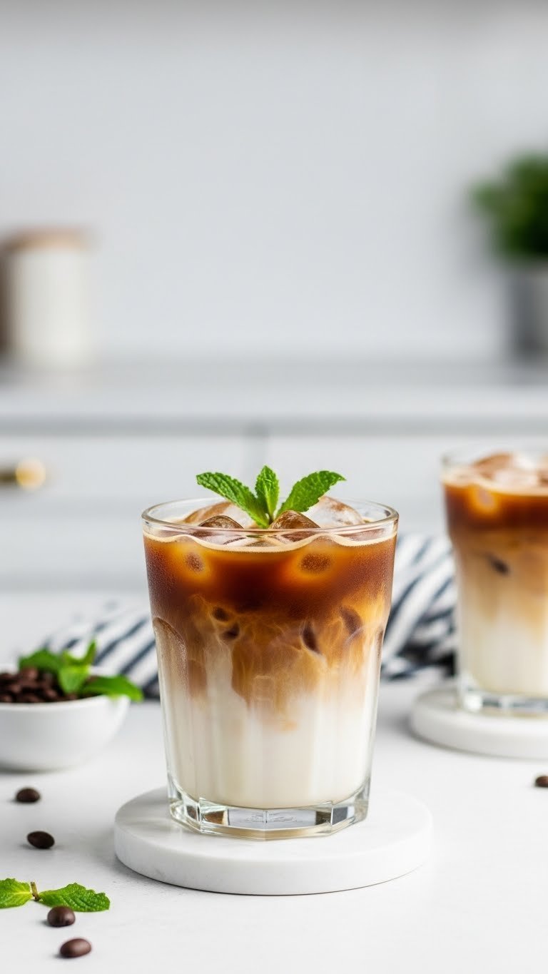 Sleek clear glass with low-carb salted caramel iced coffee featuring milk alternative on white minimalist coaster