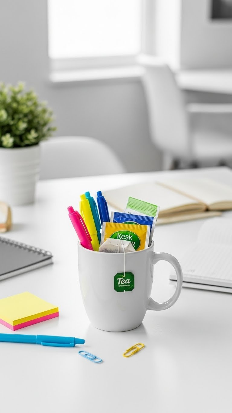 Sleek coffee mug filled with sticky notes, pens, and office supplies on clean white desk