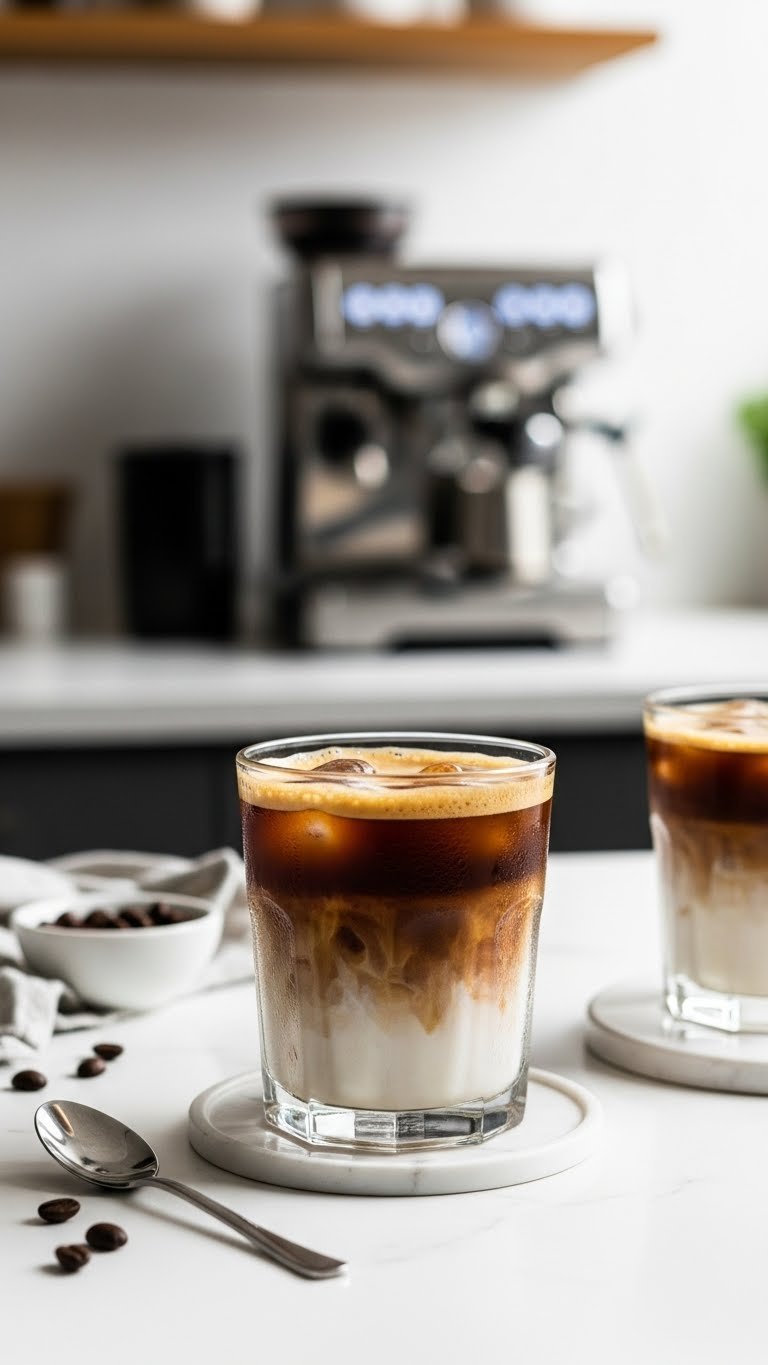 Sleek espresso protein iced coffee showing distinct layers in clear glass on clean white countertop